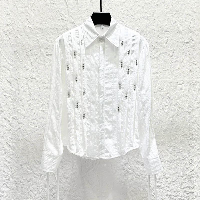 Luxury Heavy Industry Bead Studded Diamond Shirt Men's Casual Long Sleeved Shirt Social Banquet Party Stage Costume Men Clothing