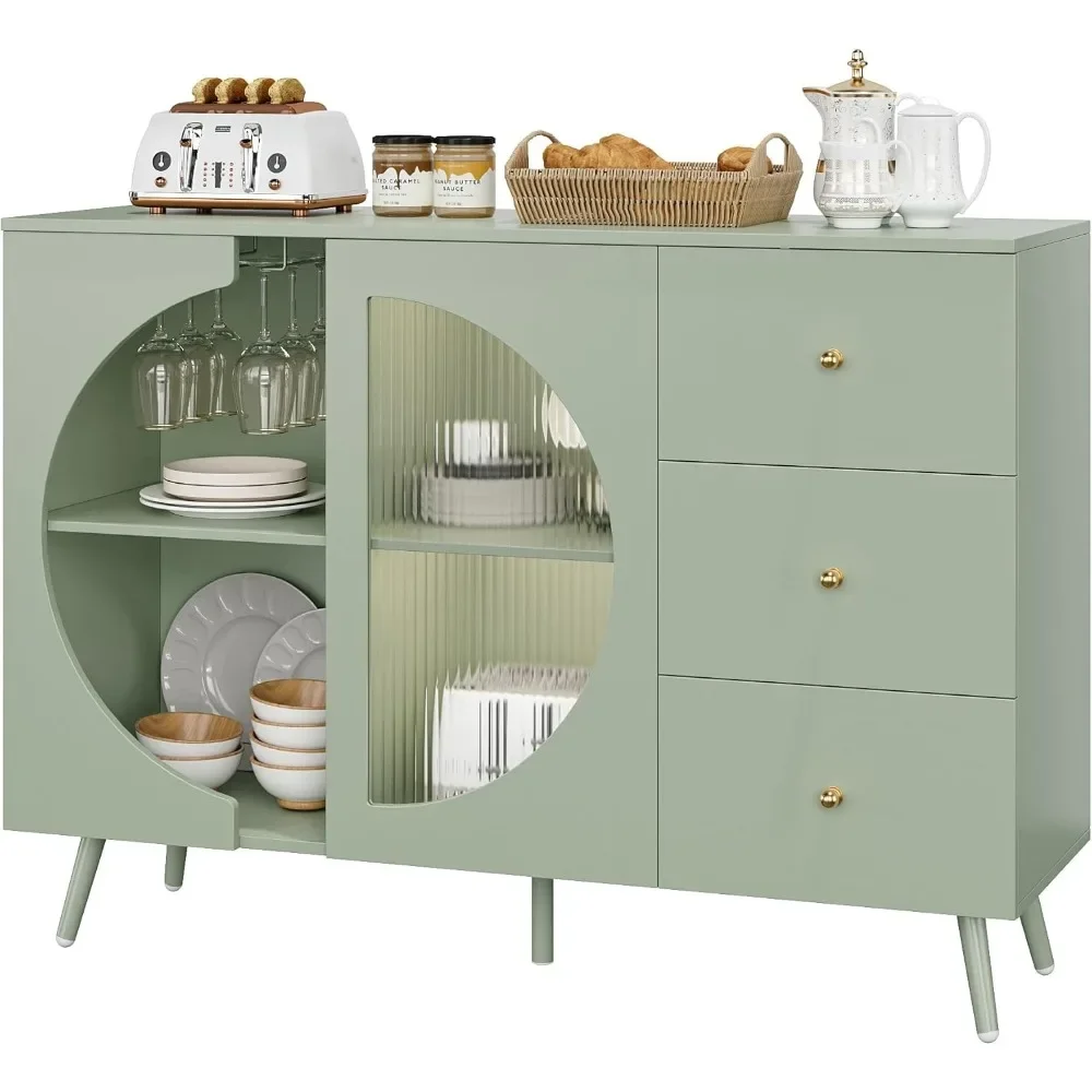 Modern Cream Style Buffet Sideboard with Wine Glass Rack, Chest of Drawer Buffet Cabinet with Storage for Living Room