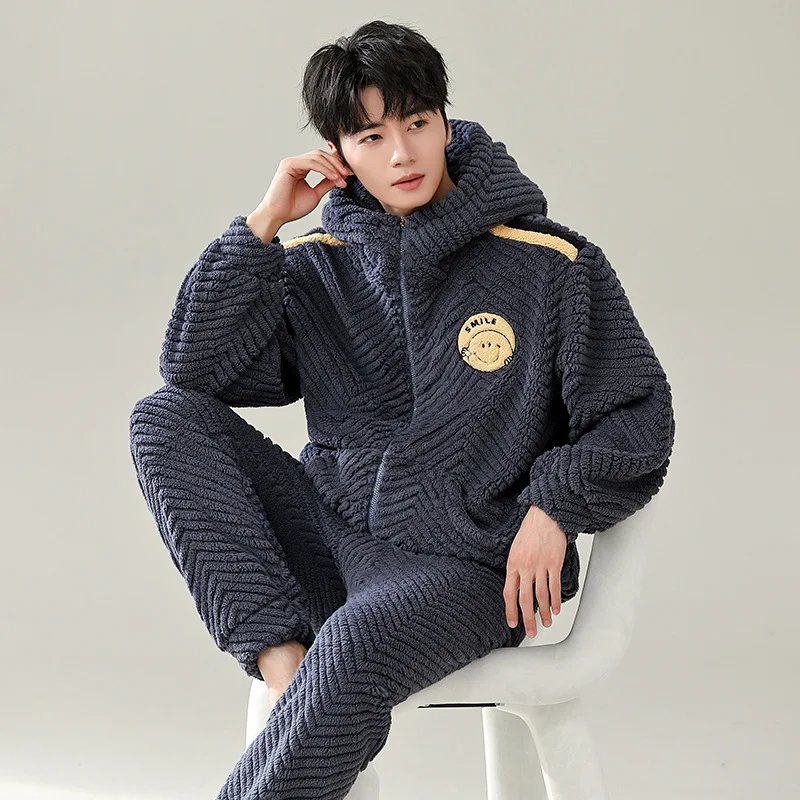 2024 New Coral Fleece Pajamas Men's Autumn and Winter Fleece Thickened Teen Hooded Warm Homewear Set