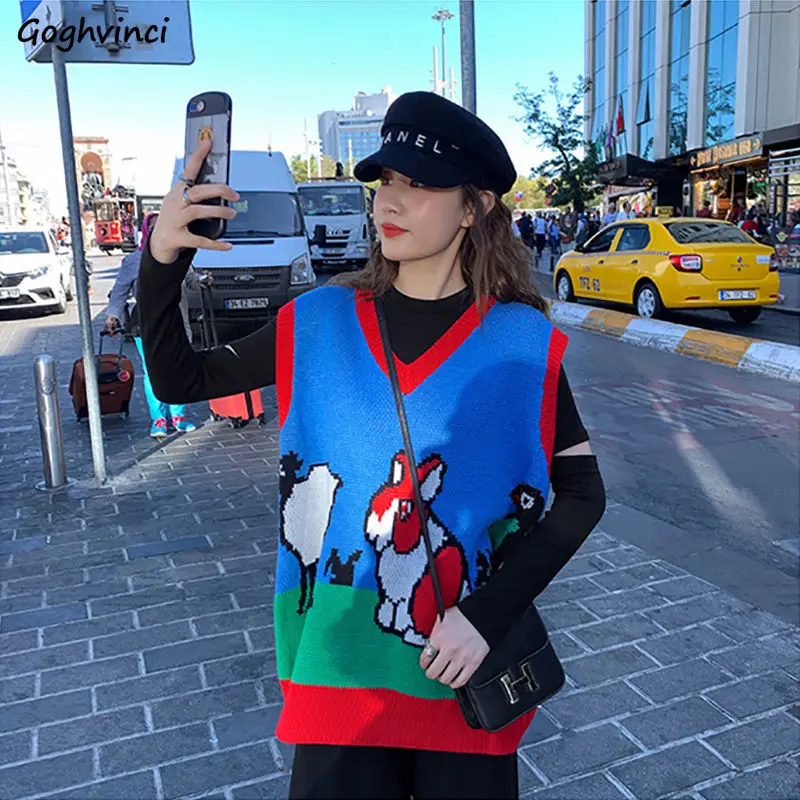 Sweater Vest Women Sleeveless V-neck Cartoon Lovely Sweet Girls Patchwork Loose Kawaii 2XL Knitted Stylish Casual Chic Female