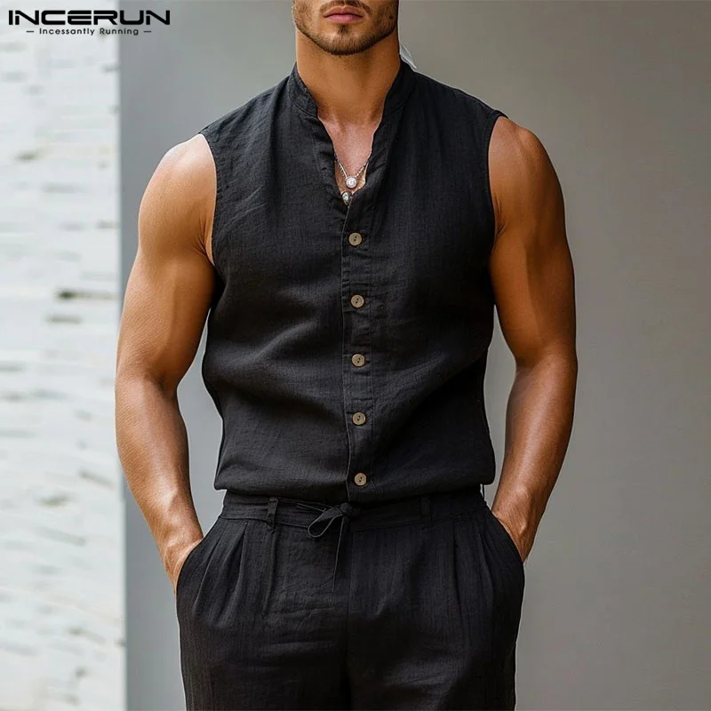 INCERUN Tops 2024 American Style Handsome Men\'s Solid Stand Collar Design Sleeveless Shirt Summer Casual Streetwear Blouse S-5XL