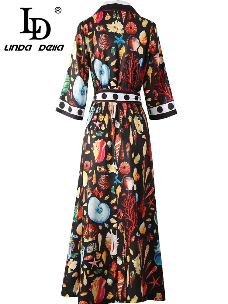 LD LINDA DELLA Autumn Winter New Style Women\'s Dress Notched Single-Breasted Lace-UP Waist Unique Printed Long Dresses