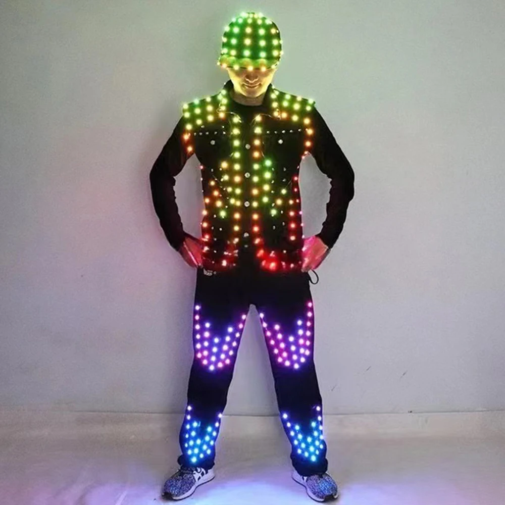 Full Color LED Costume Men's Bar Hosting Luminous Clothing Hat Pants Tron Suit Melbourne Shuffle Dance Light Up Jacket