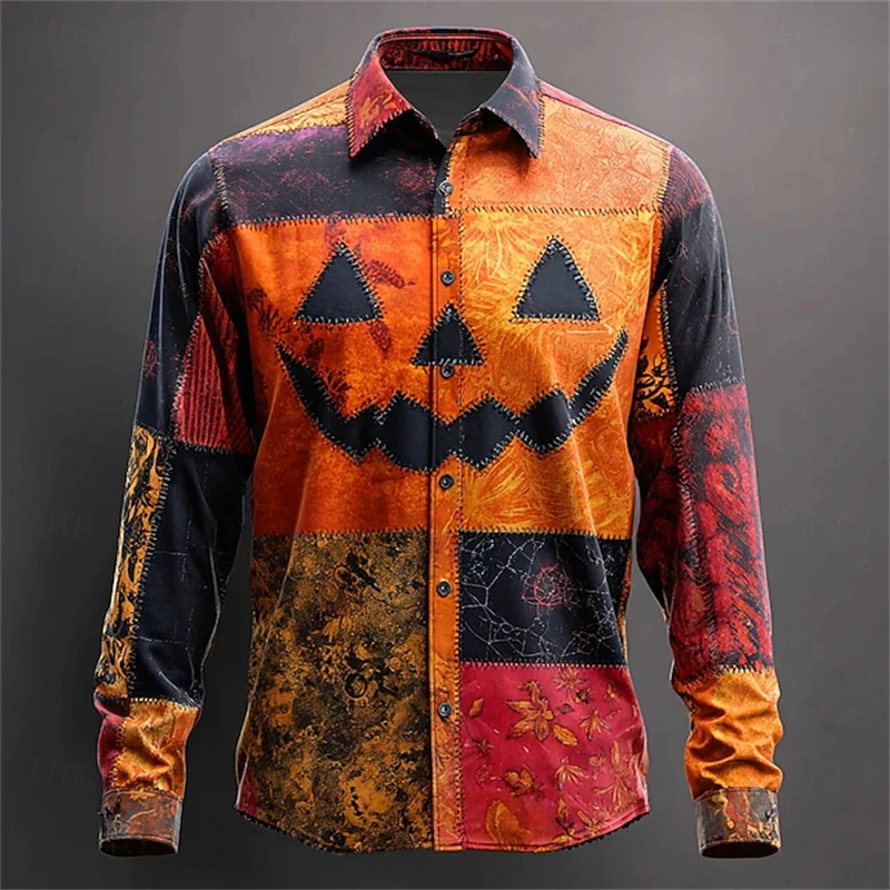 

Pumpkin Face Patchwork Graphic Men's Shirts Fashion Halloween Theme Party Long Sleeve Shirt Autumn Winter Loose Button Lapel Top