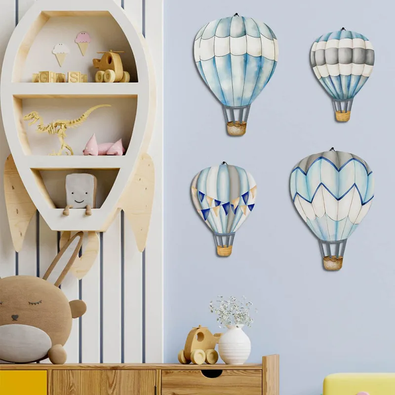 4pcs Colorful Painted Wooden Hot Air Balloon Wall Ornaments Set Kids Room Hanging Decoration Living