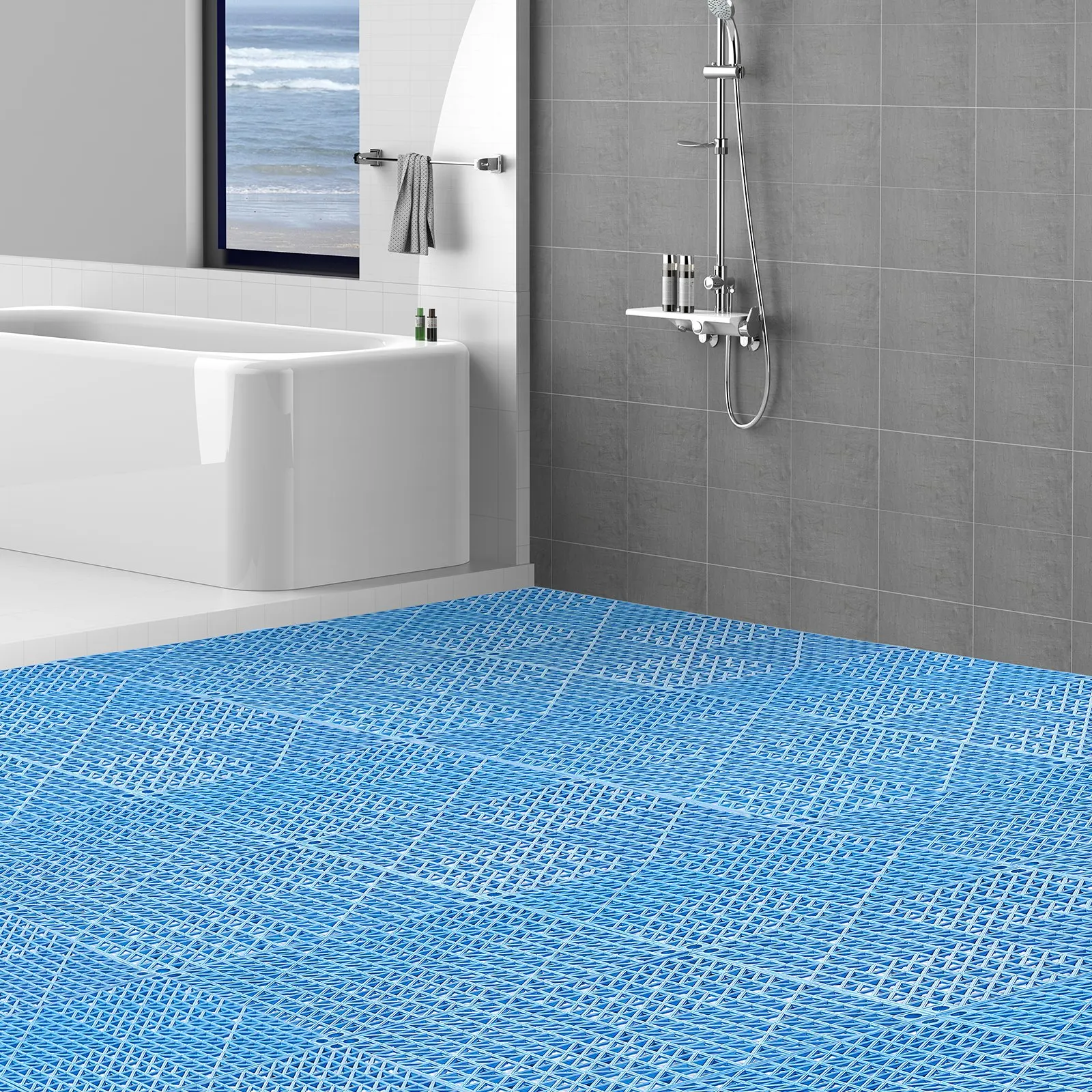Interlocking Tile 55PCS Blue, Drainage Tiles  Splicing, PVC Interlocking Drainage Floor Tiles, Non-Slip Drainage Holes