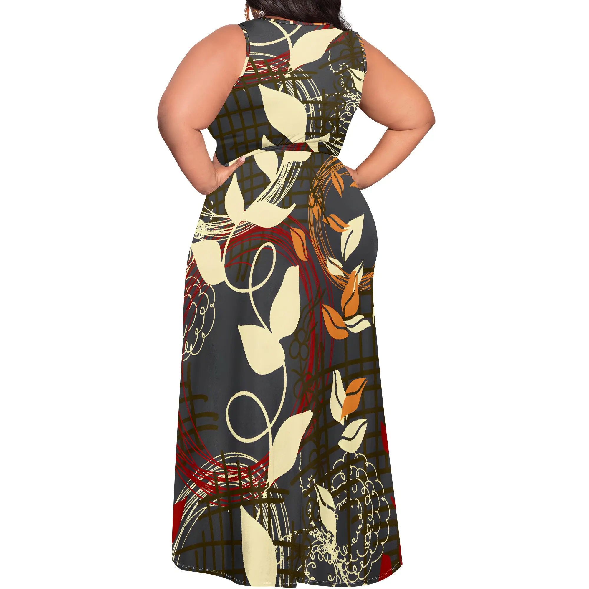 Plus Size Womens Sexy Casual Dresses for Curvy Women 3D Printed halterneck V Neckline Short Sleeve Loose High Vent Maxi Dress