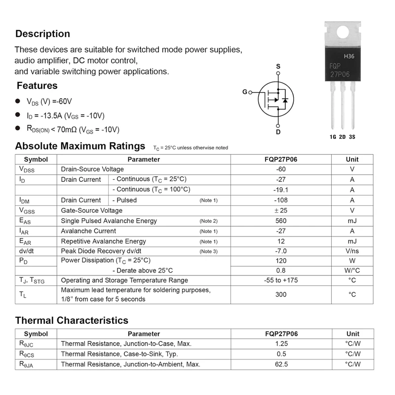 10 szt. Tranzystorów MOSFET FQP27P06 27A 60 V 27 p06 P-kanałowy moskfet tranzystor 27 Amp 60 V do 220