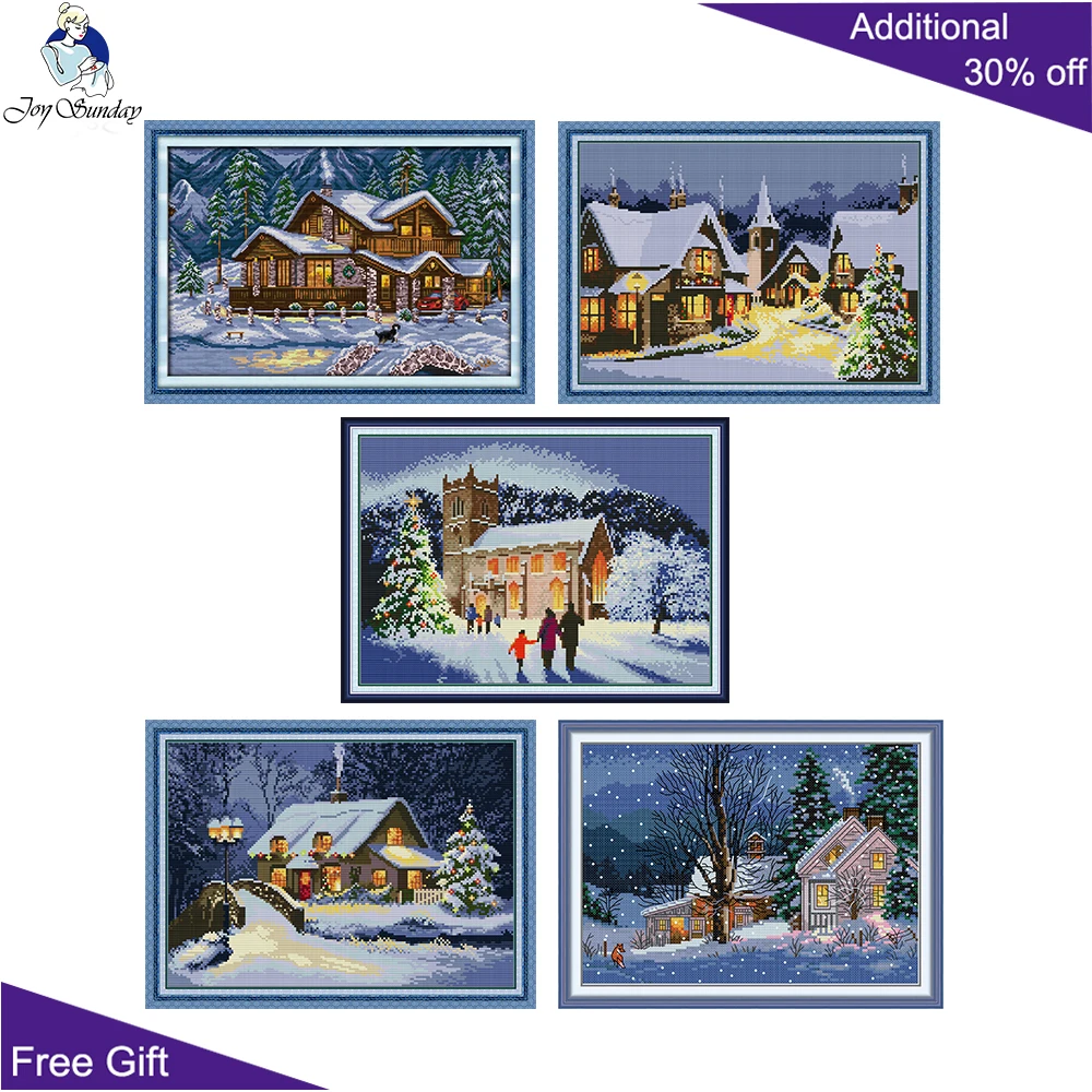 Warm Winter Christmas Eve in Town for Church, Snowy Night, Rural Snow Night, Cross Stitch, FA181, FA197, FA198, FA213, FA216
