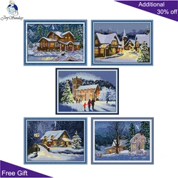Warm Winter Christmas Eve in Town for Church, Snowy Night, Rural Snow Night, Cross Stitch, FA181, FA197, FA198, FA213, FA216