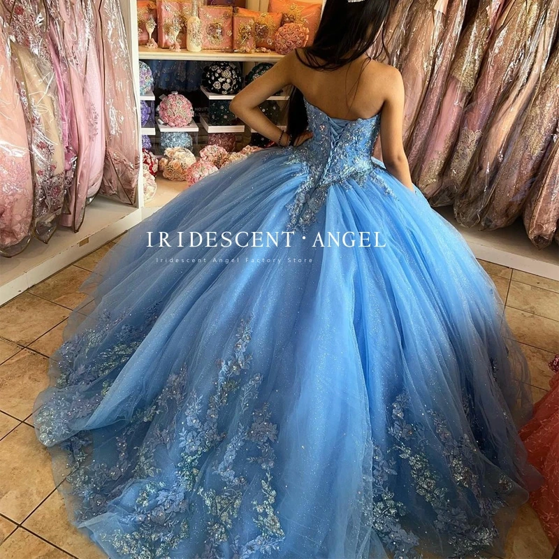 Iridescente Azul Tule Apliques Beading Ball Gown 15 Anos Quinceanera Vestidos Meninas Birthday Party Sexy Vestidos De 15 Anos