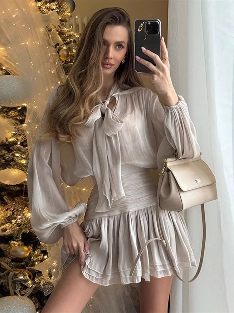 

Beige Top Solid Blouse Mini Dresses For Women V Neck Long Sleeve Spliced Lace Up Sweet Style Dress Female Clothing Fashion P7WI