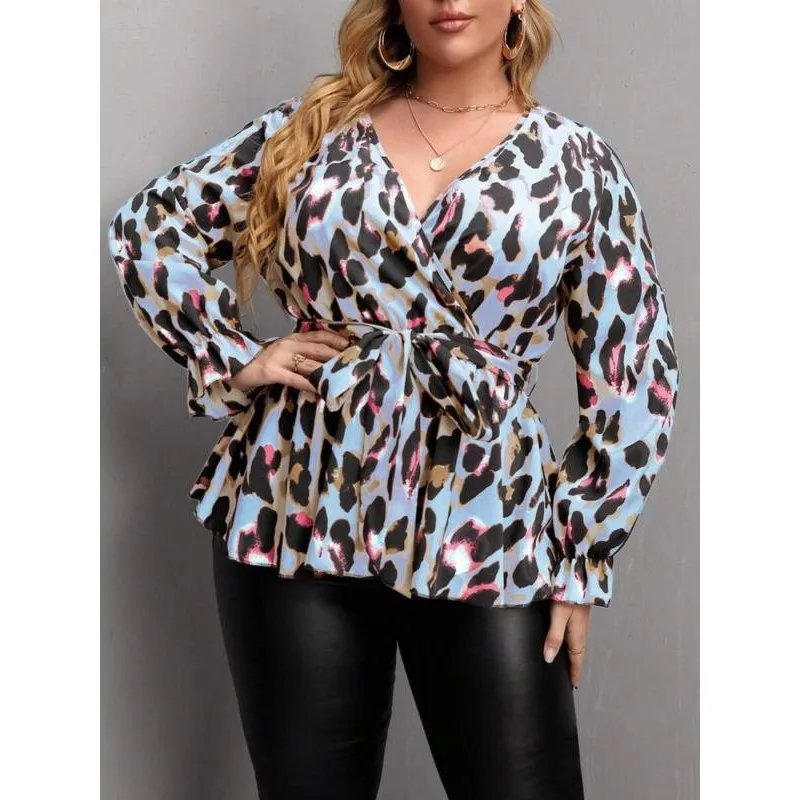 

Плюс размер 1XL-5XL новая женская модная блузка с v-образным вырезом и длинным рукавом, рубашка, женские свободные повседневные топы с леопардовым принтом ﻿