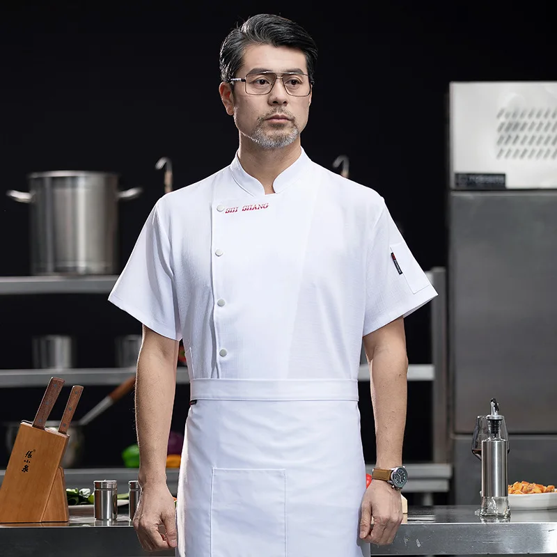 Uniforme de cozinha de manga curta masculino, macacão de chef do hotel, roupa de cantina fina longa, jantar e hotel, verão