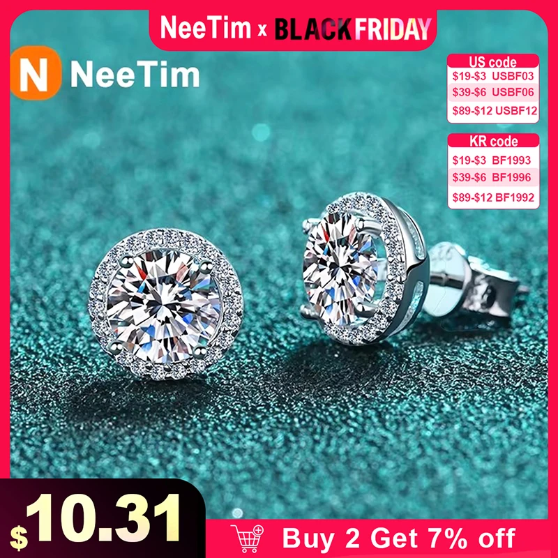 NeeTim Moissanite Stud Earrings for Women S925 Sterling Silver White Gold Plated Diamond Earring Ear Studs Wedding Fine Jewelry