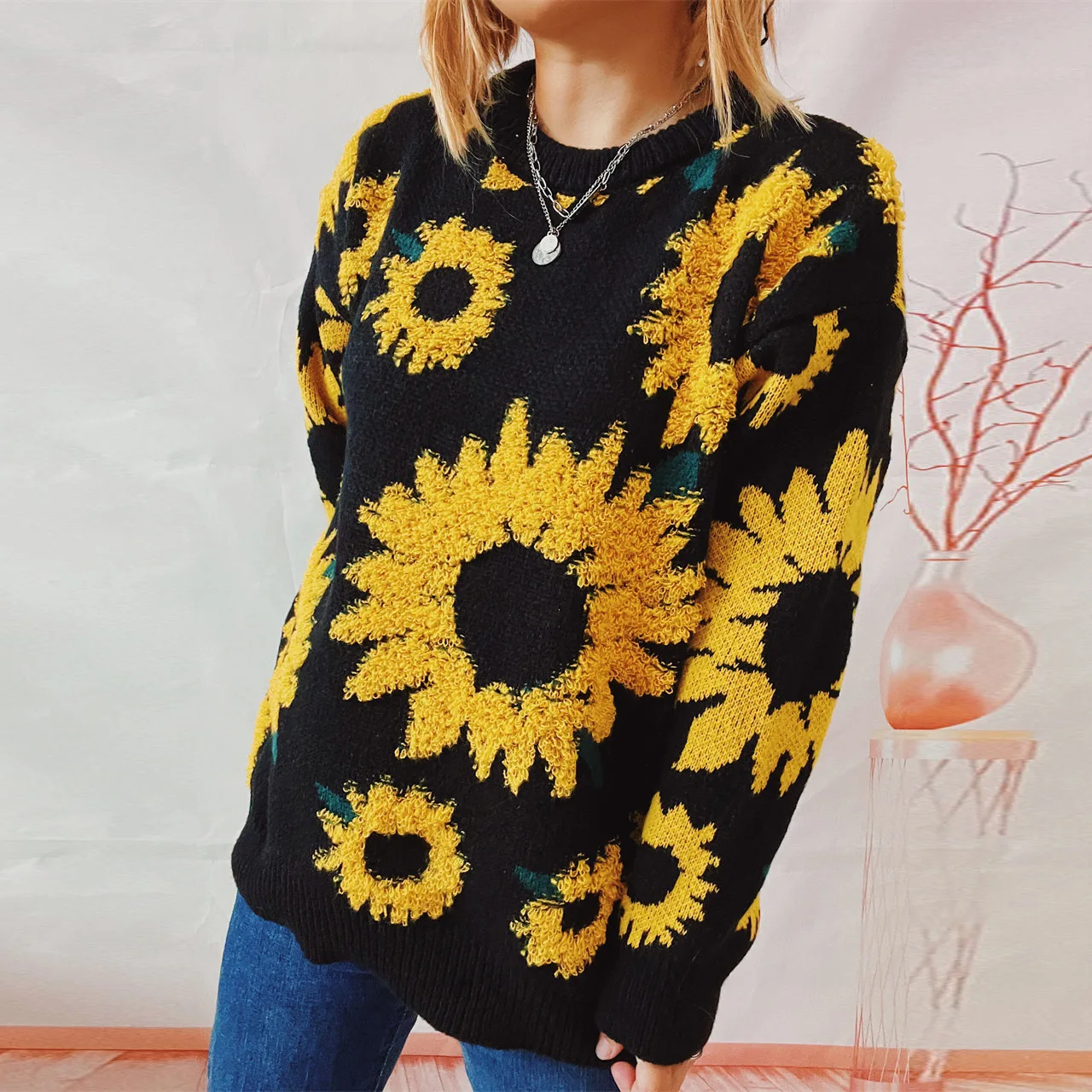 Sunflower O-neck Sweater Women Jacquard Autumn Winter Simple Pullover Knit Elastic Jumper Casual Thick Loose Warm Y2k Jumpers