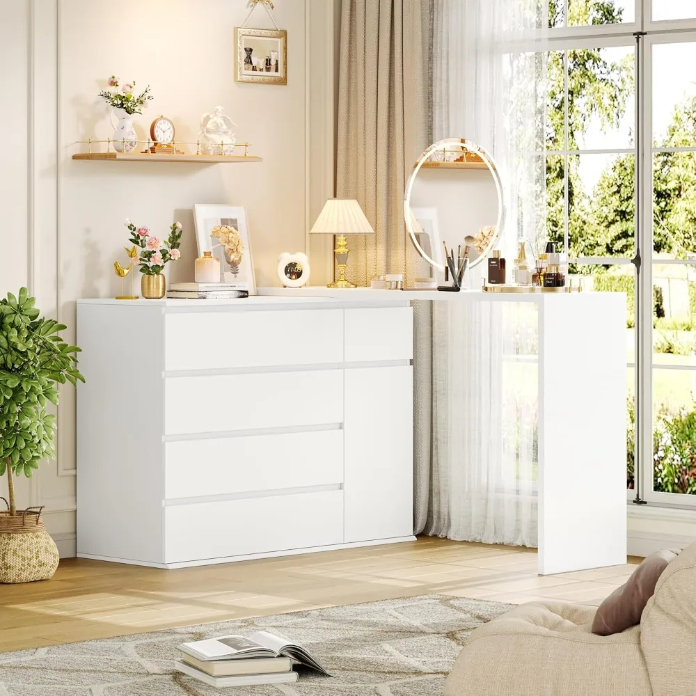 White Dresser for Bedroom, Wide Chest of Drawers with 6 Drawers, Sturdy Wood Storage Cabinet