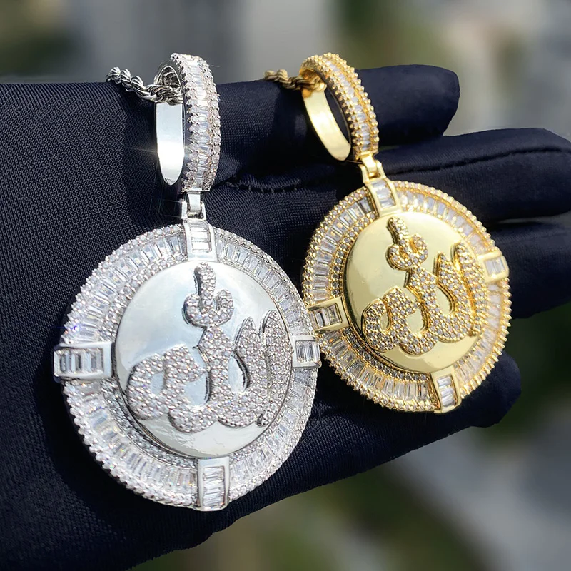 

Hip Hop 3A+ CZ Stone Paved Bling Iced Out Muslim Allah Round Pendant Necklace for Men Rapper Jewelry Gold Silver Color