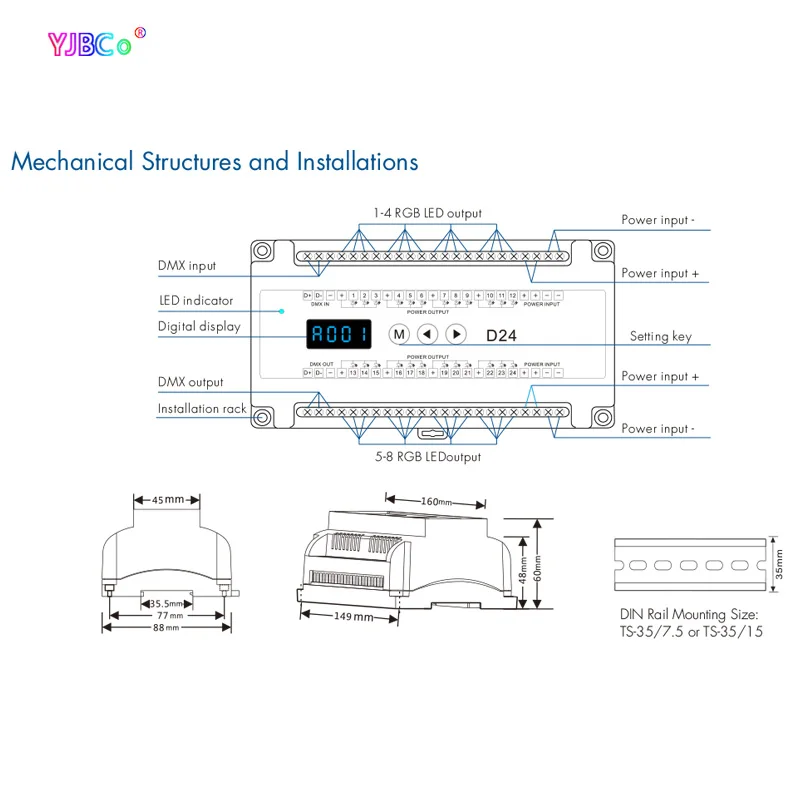 12CH or 24 Channel RGB DIN Rail DMX dimming controller 24CH RGB/RGBW LED Strip dimmer stage light RDM DMX 512 decoder