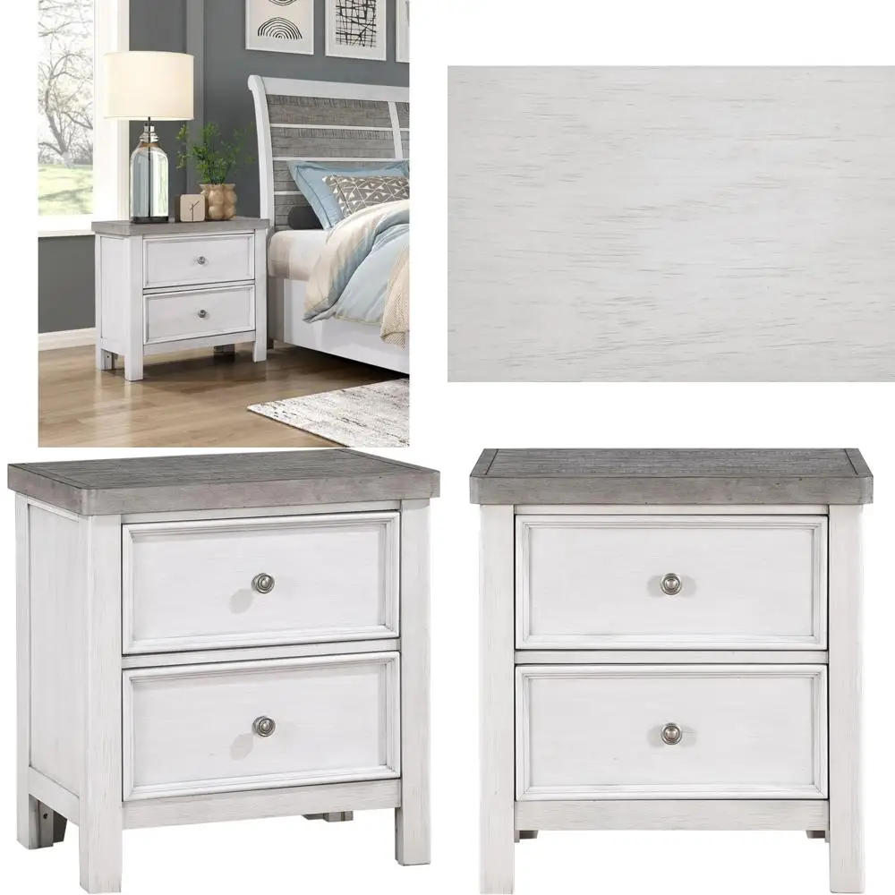 Classic Wooden 2-Drawer Nightstand in White and Gray Finish for Bedroom, Timeless Style Furniture