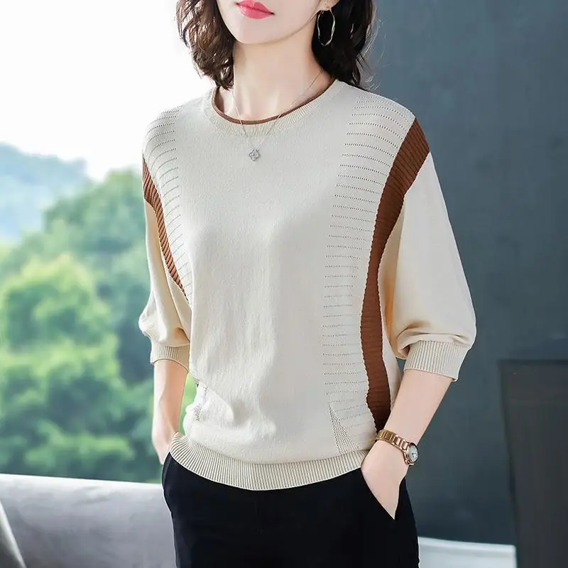 O-neck Solid T-shirts Women Casual Patchwork Half Sleeve Elasticity Tops Spring Autumn Knitting Elegant Retro Simple Clothing