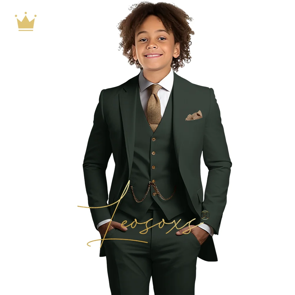 Traje clásico de color caqui para niños, traje de 3 piezas con solapa de muesca para niños, traje de cumpleaños, chaqueta, chaleco y pantalones, esmoquin personalizado