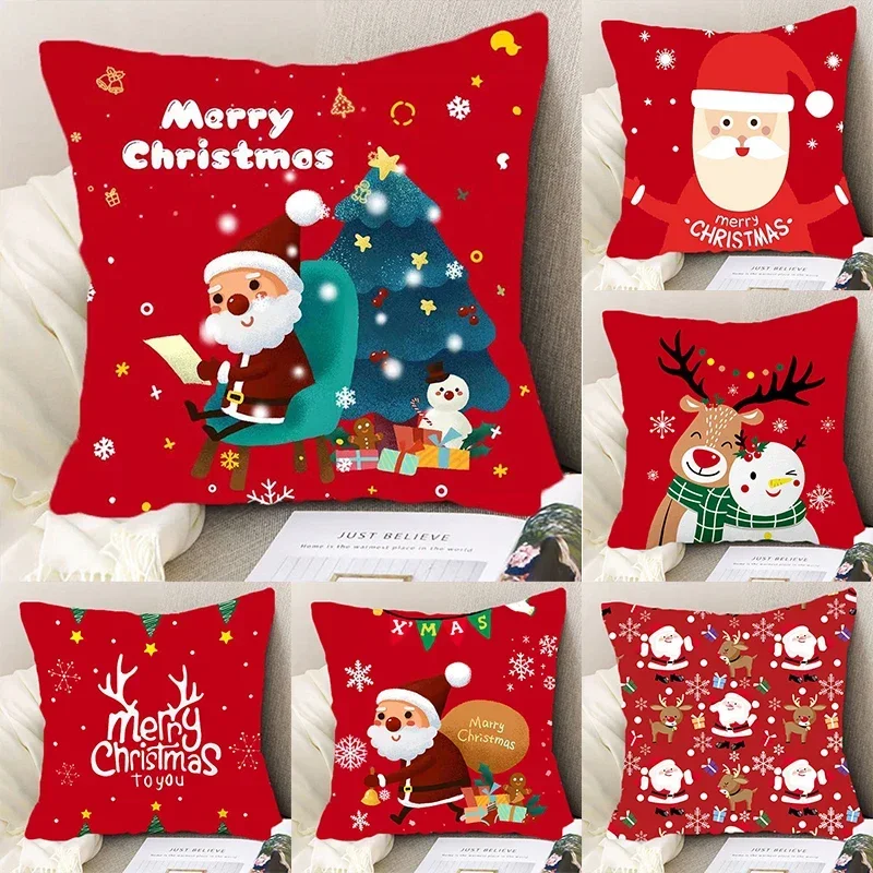 Christmas cartoon pillow cover, Santa Claus, reindeer, snowman, cute pillowcase, home celebration, red creative gift