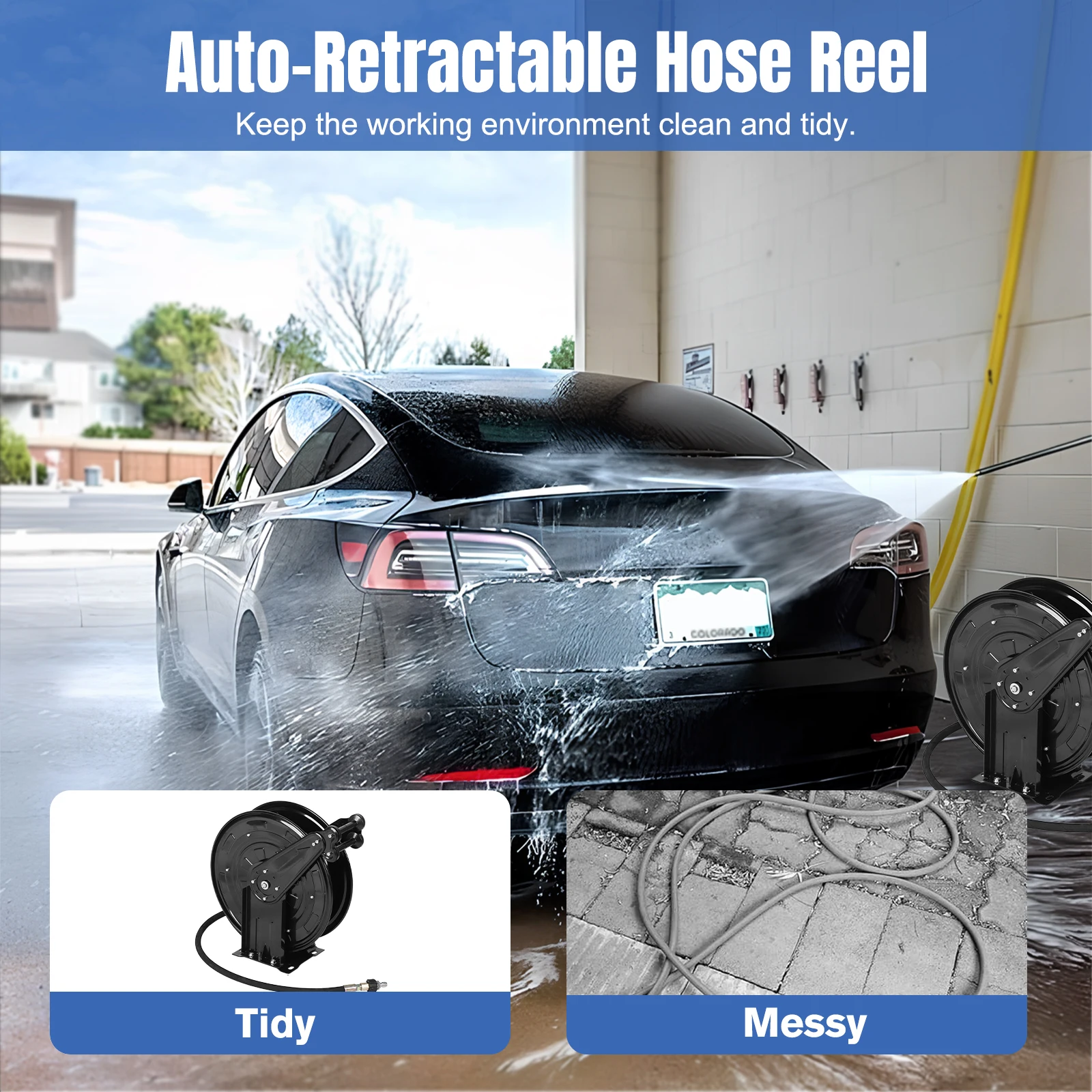 Washer Hose Reel Auto Rewind Power Washer Retractable Hose Reel for Water/Air/Oil 4000 PSI view 2