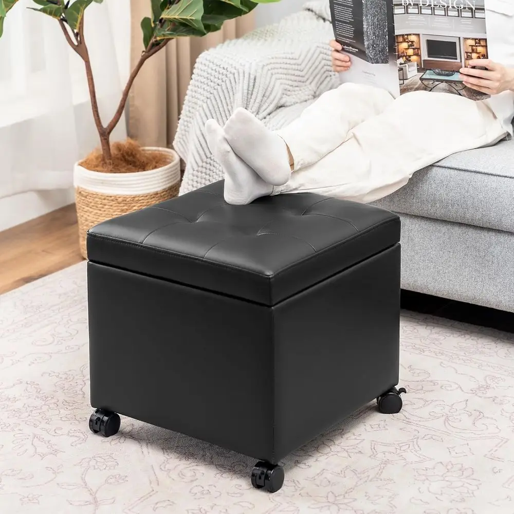 

Кожаный пуф-оттоманка с отсеком для хранения и колесиками | Квадратный табурет-трансформер 18,8 дюйма на колесиках для отдыха и макияжа, для гостиной, спальни, дачи