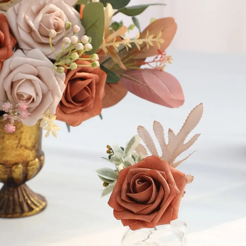 Fiori artificiali 25 pezzi dall\'aspetto reale Terracotta Ombre colori schiuma rose finte con steli per bouquet da sposa fai da te addio al nubilato