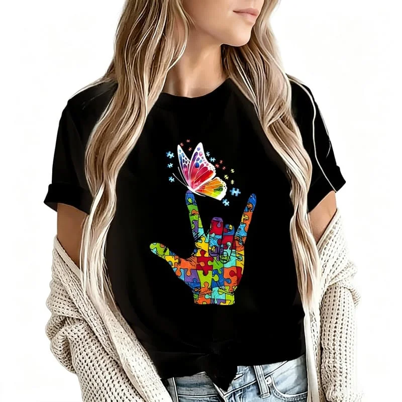 Butterfly Autism Awareness Women's T-Shirt 100% Cotton Funny Graphic Short Sleeve Tee Novelty Shirt Casual Crew Neck Top S-5Xl
