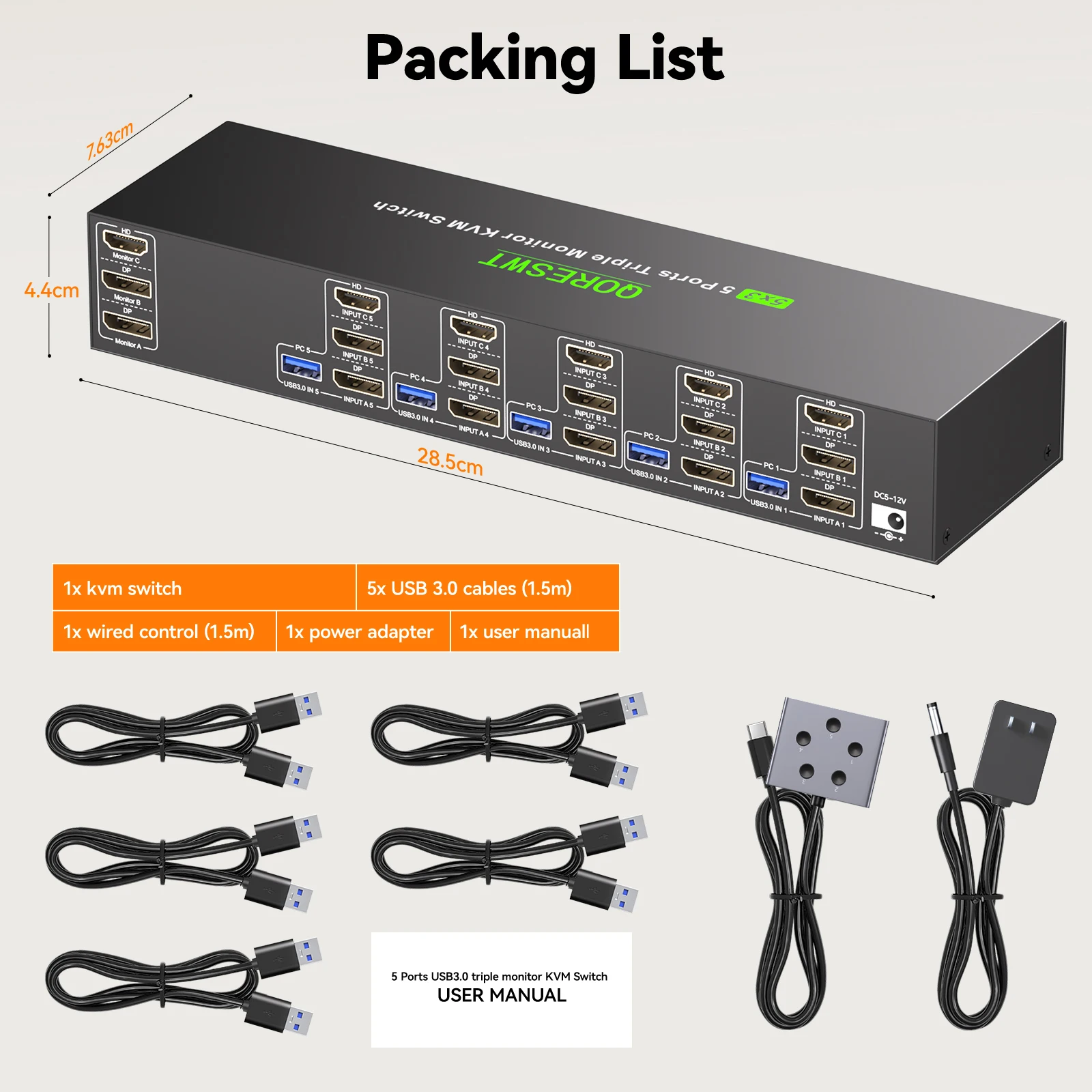 KVM Switch 3 Monitors 5 Computers 8K@60Hz, HDMI Displayport Triple Monitor KVM Switch,3 Monitor KVM with 4 USB 3.0 Ports