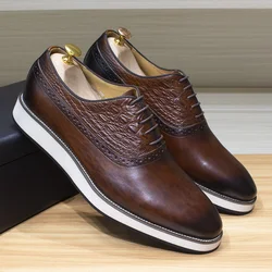 Men's Oxfords Classic Handmade Lace-Up Casual Business Shoes Genuine Leather Sneakers Crocodile Pattern Plain Toe Flat Footwear