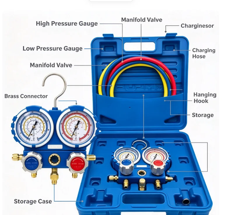 VMG-2-R22-B Refrigerant Manifold Gauge Set R410a R134a R32 HVAC Pressure Dual Meter Air Conditioning Charging Tool Kit