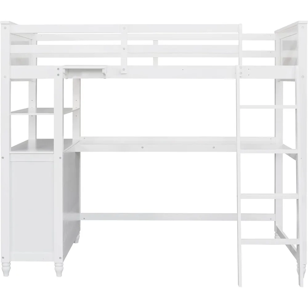 Cama Loft de tamaño doble con escritorio y vestidor, cama de madera con cajones de almacenamiento y estantes para niños y adolescentes, No necesita resorte de caja, blanco