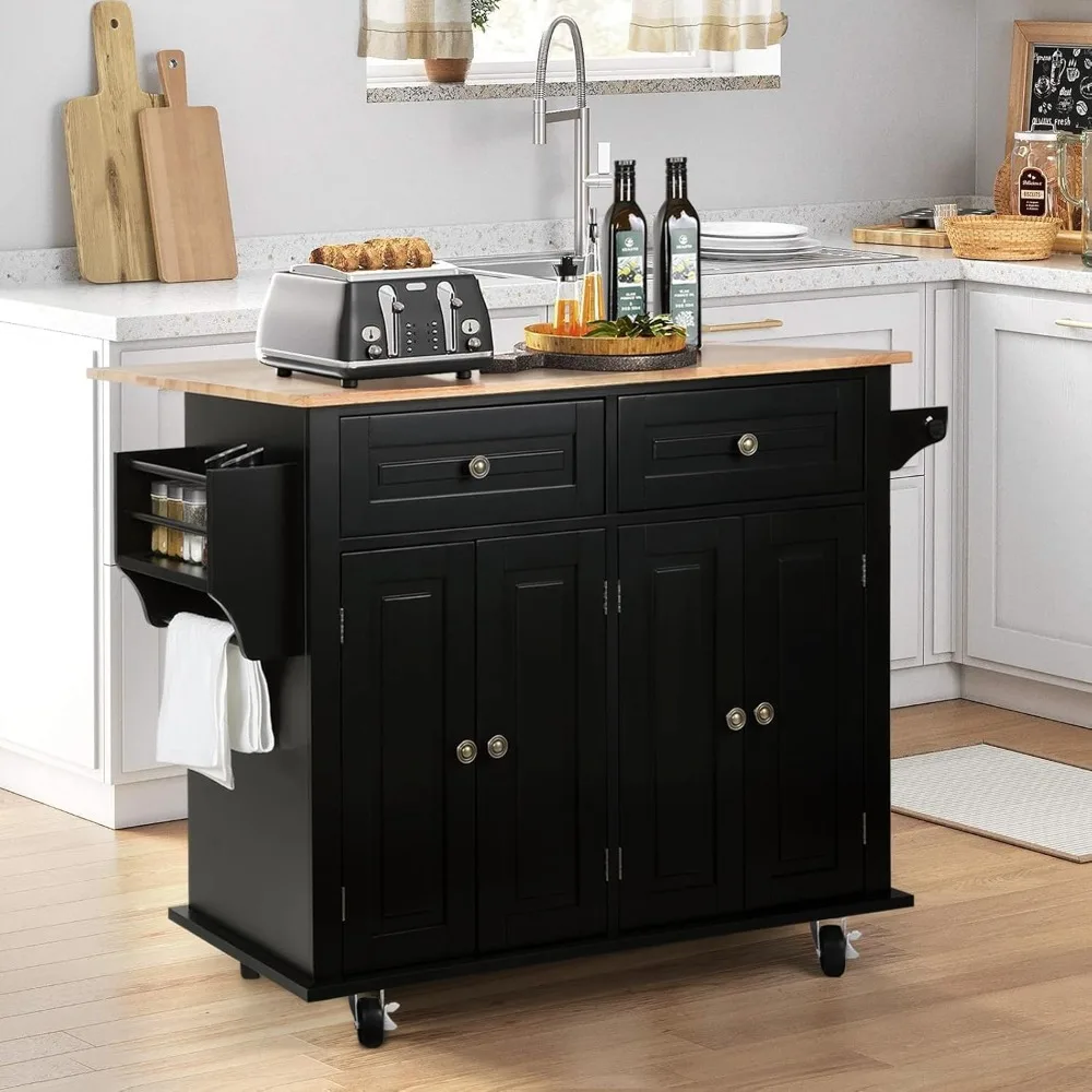 Rolling Kitchen Island with Drop Leaf and Storage Drawers, Portable Butcher Block Counter
