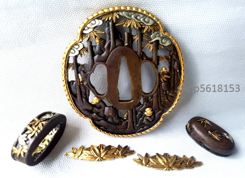 Gold copper Eight Immortals in the bamboo forest  tsuba fuchi Menuki for japanese sword's katana wakizashi tanto