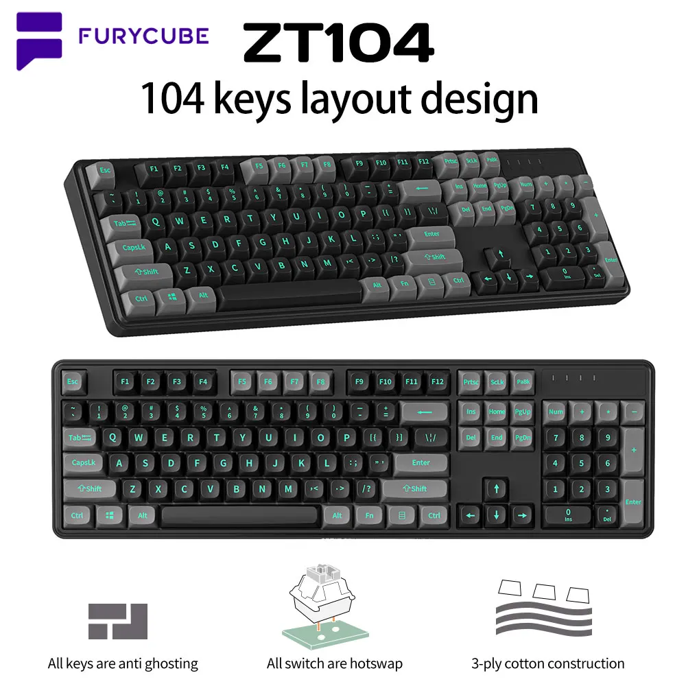 

Игровая механическая клавиатура FURYCUBE ZT104, проводная клавиатура с прокладкой 104 клавиш, USB Type-C, поддержка горячей замены, Стандартные Клавиатуры