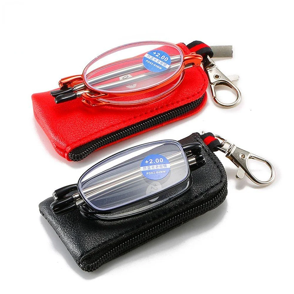 

Folding Reading Glasses Portable Key Chain Eyewear Mens Parent Anti-Blue Ray Presbyopic Eyeglasses with Leather Case