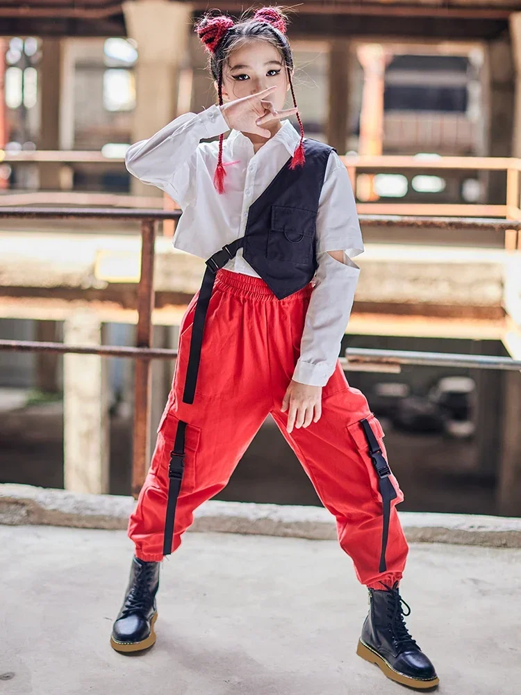 2025 New Fashion Hip-Hop Clothes Girls Jazz Dance Performance Costume Cropped White Shirt Red Loose Pants Street Dance Wear