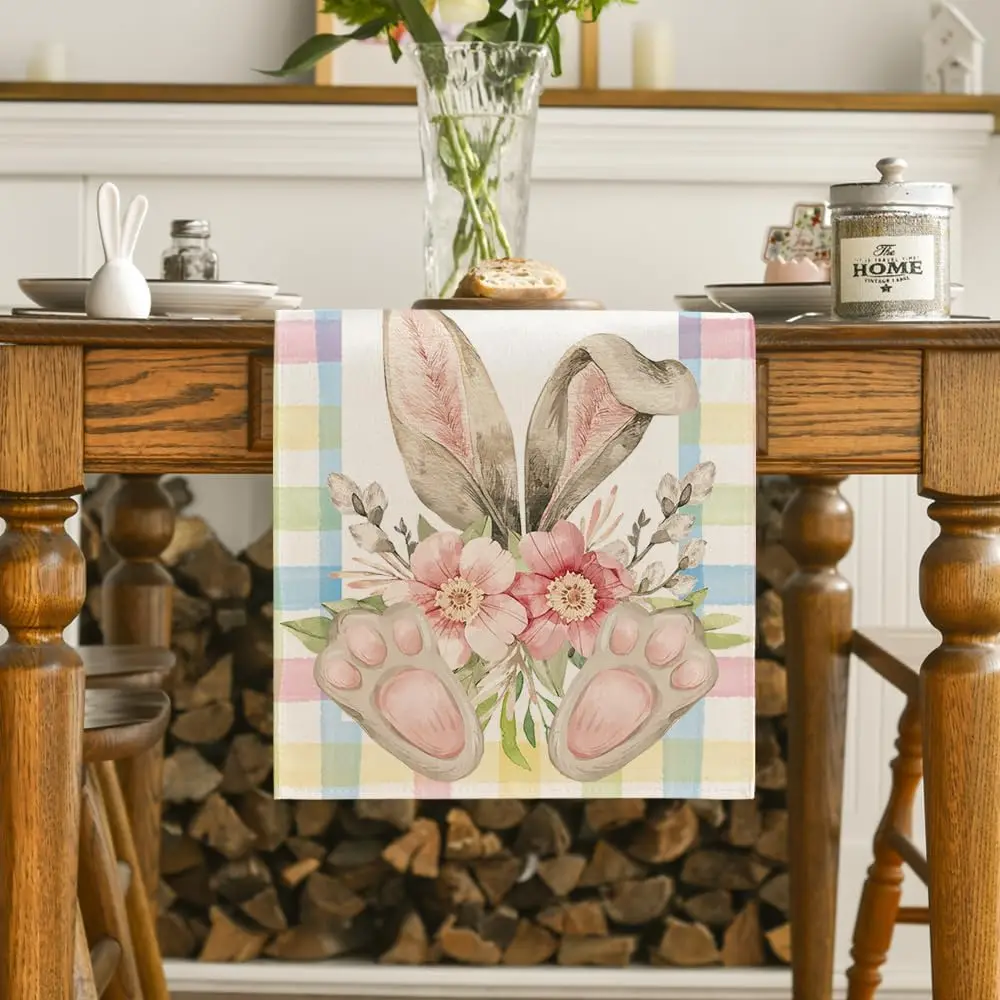 Easter Bunny Ear Foot Flower Linen Table Runner Party Decor Spring Farmhouse Kitchen Dining Table Runner Easter Decorations