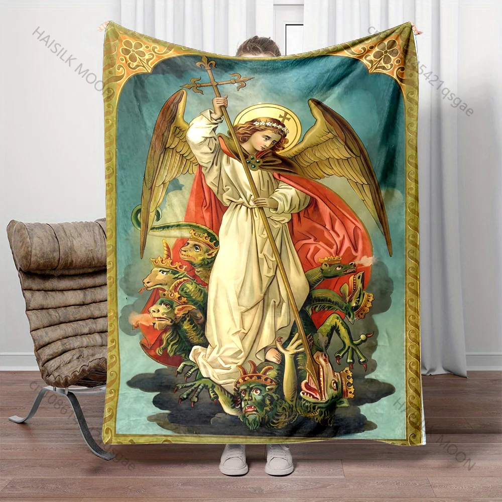 1PC Angel with cross on dragon print blanket Prayer blankets for believers suitable for home sofa camping travel car
