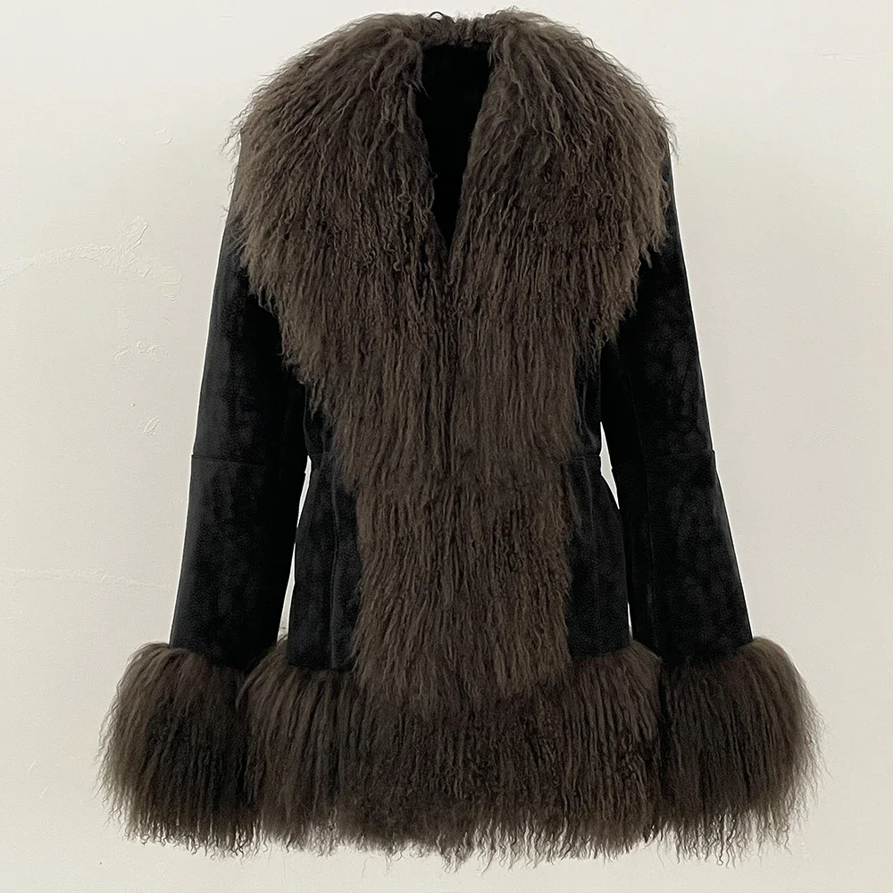 OFTBUY New Winter Warm Curly Mongolia Sheep Fur Jacket Women Vintage Shearling Coat Slim Faux Suede Real Rabbit Fur Clothing