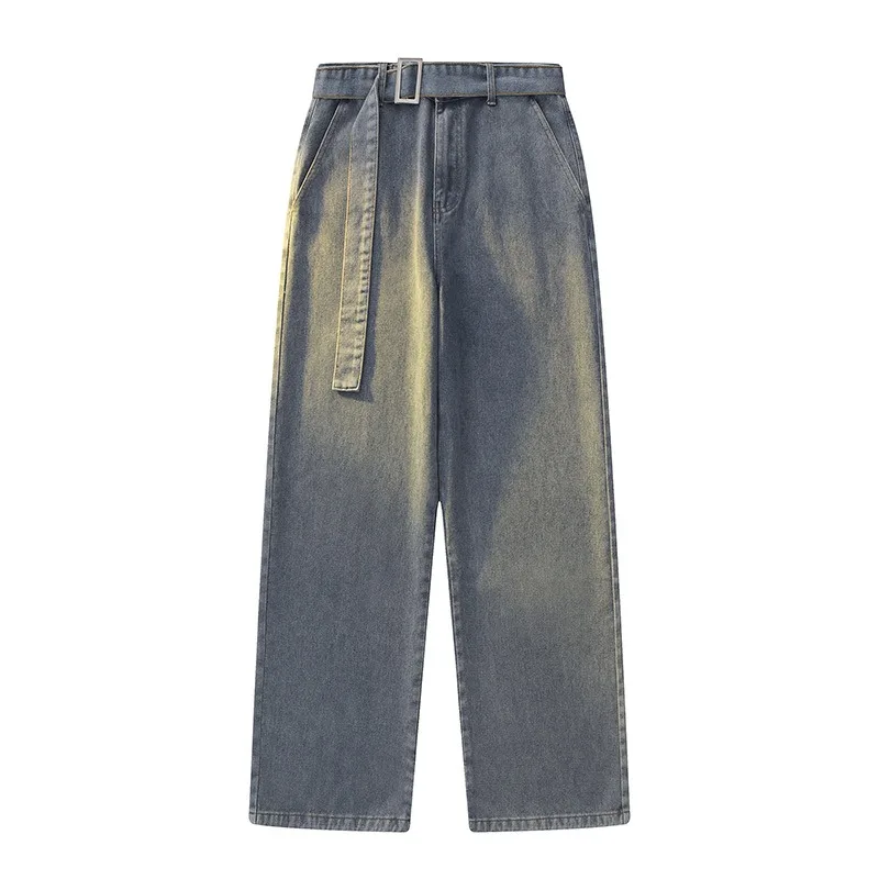 

Men's Washed Denim Wide Leg Jeans with Matching Belt High Waist Baggy Jeans Streetwear Casual Trousers
