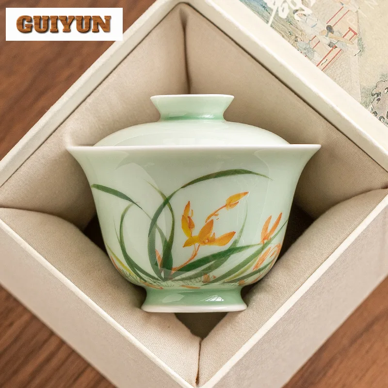 80ml Hand-painted Orchid Gaiwan Aesthetic Bluish Green Galze Tea Tureen Zen Tea Maker Cover Bowl Cafes Accessories Ornaments