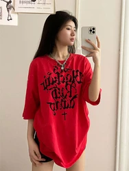 ADAgirl Red Harajuku Short Sleeve T-shirt Women Vintage Oversized Streetwear 90s Y2k Tees Loose Casual Top Kpop Hippie Clothes