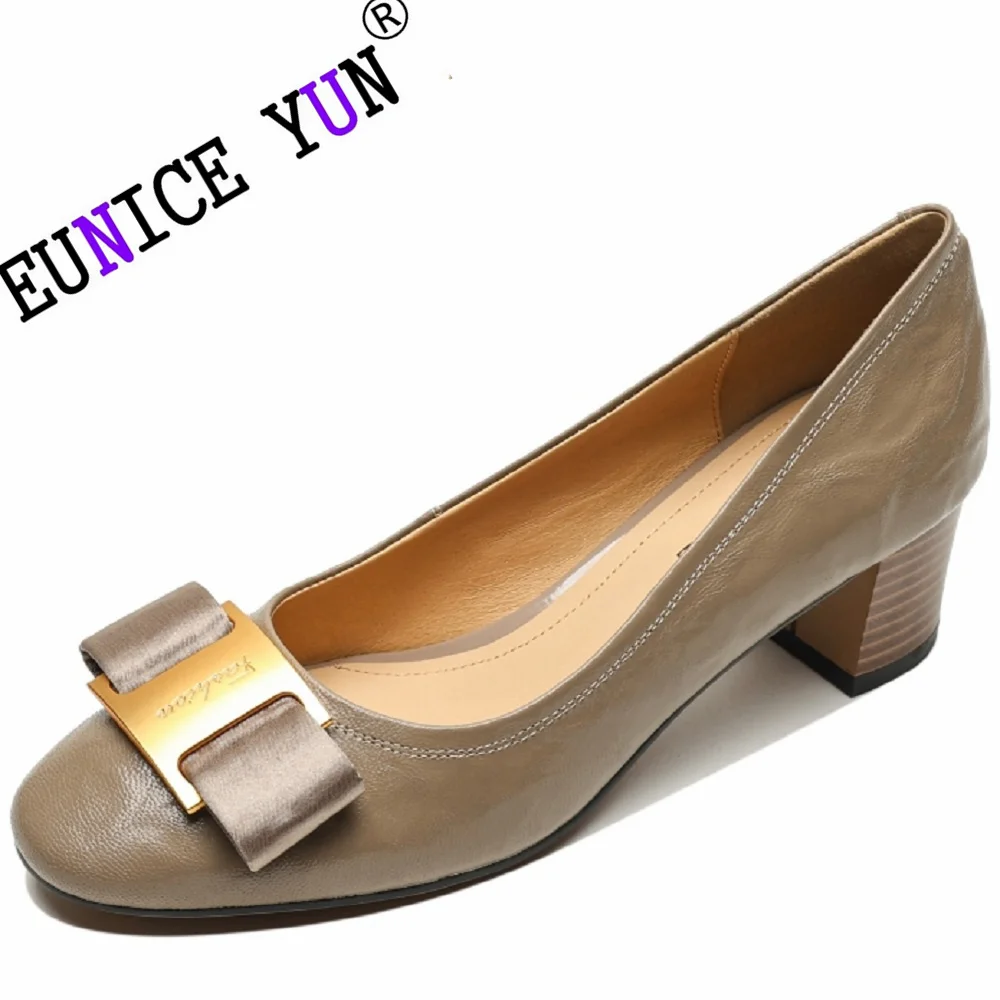 

【EUNICE YUN】classic elegant genuine leather square toe pumps lady's mid heels shoes party shoes 34-41