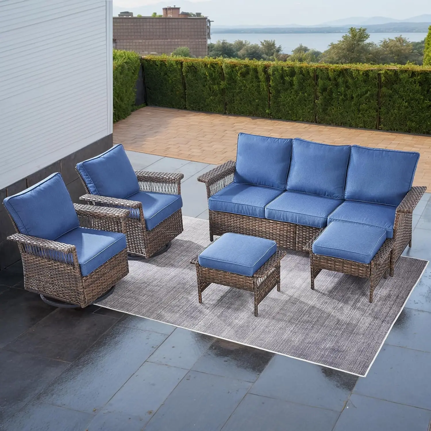 Outdoor Wicker Patio Furniture Set - 5 Piece Rattan Patio Conversation Sets with 2 Rocking Swivel Chairs,2 Ottomans and 1 Sofa