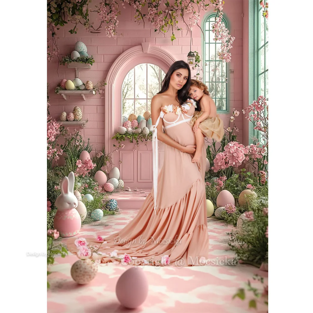 Mocsicka Easter Garden Background Photography Spring Pink Egg House Flowers Window Backdrop Decor Girl Birthday Cake Smash Photo