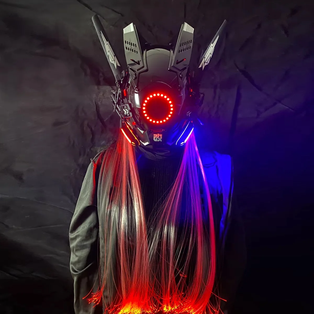 Cyber Punk Mask Cosplay Mech Warrior Mask With Light Circle Halloween Costume Carnival Party Bar Performance Photography Props